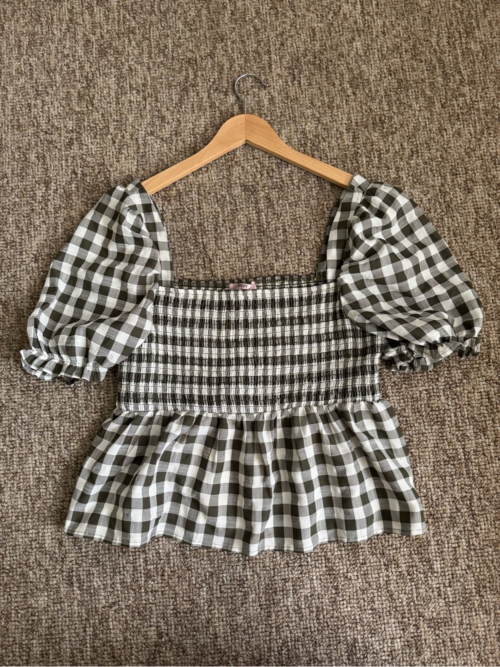 Smocked Gingham Puff-Sleeve Peplum Top - Olive/White XL